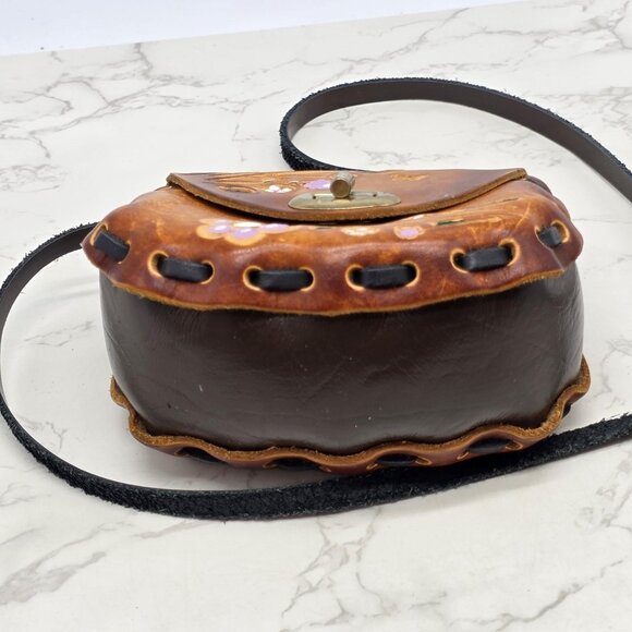 Small Mexican Leather Crossbody Bag Mini Brown Floral Butterfly Tooled Boho - Picture 3 of 10